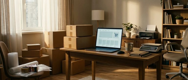 A freshly built but empty online shop displayed on a laptop screen in a quiet home office, unopened cardboard shipping boxes stacked beside it, soft morning light, no customers or ac