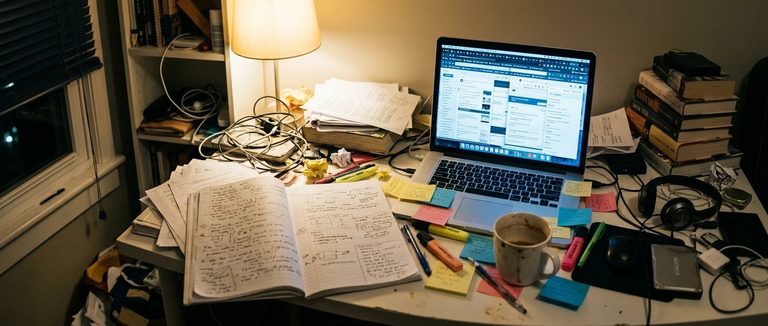 A cluttered home desk at night: a laptop screen crowded with dozens of open browser tabs, a notebook full of scribbled half-finished notes, a cold cup of coffee, and scattered sticky n