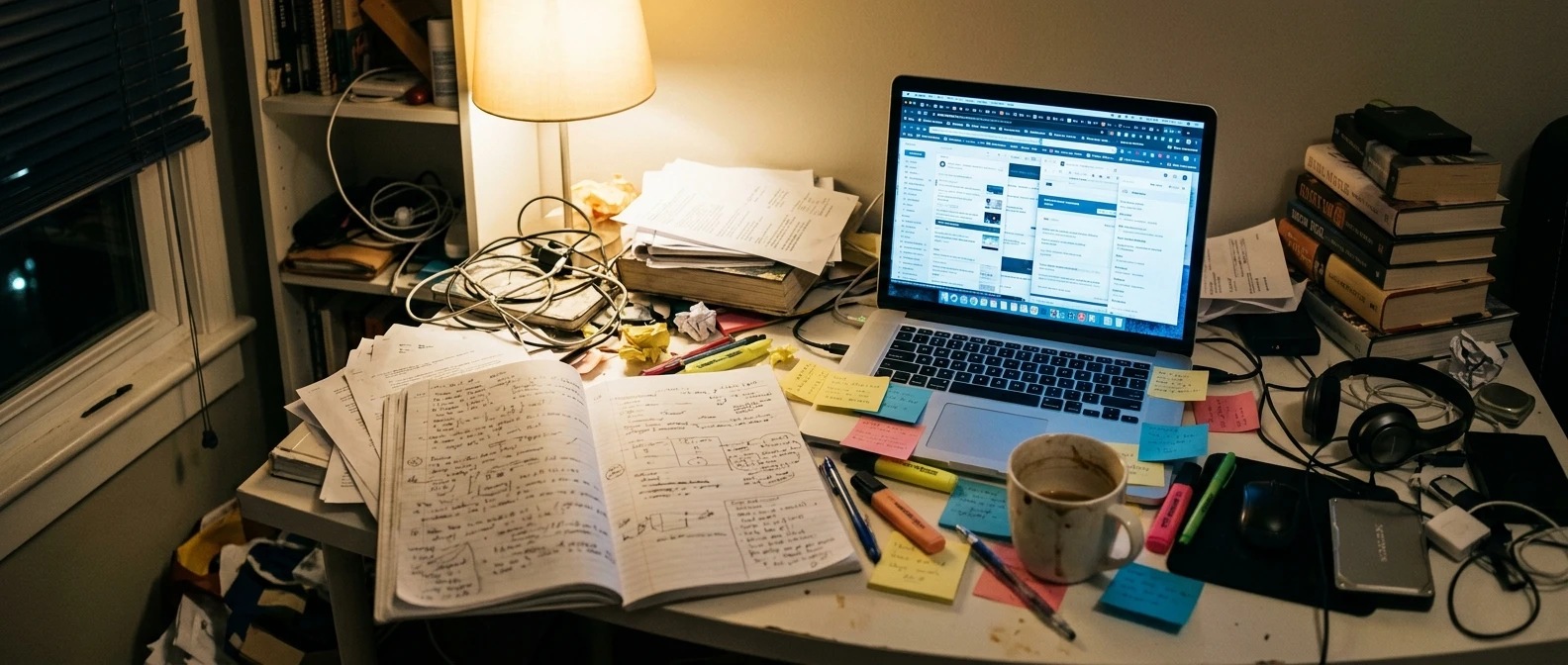 A cluttered home desk at night: a laptop screen crowded with dozens of open browser tabs, a notebook full of scribbled half-finished notes, a cold cup of coffee, and scattered sticky n