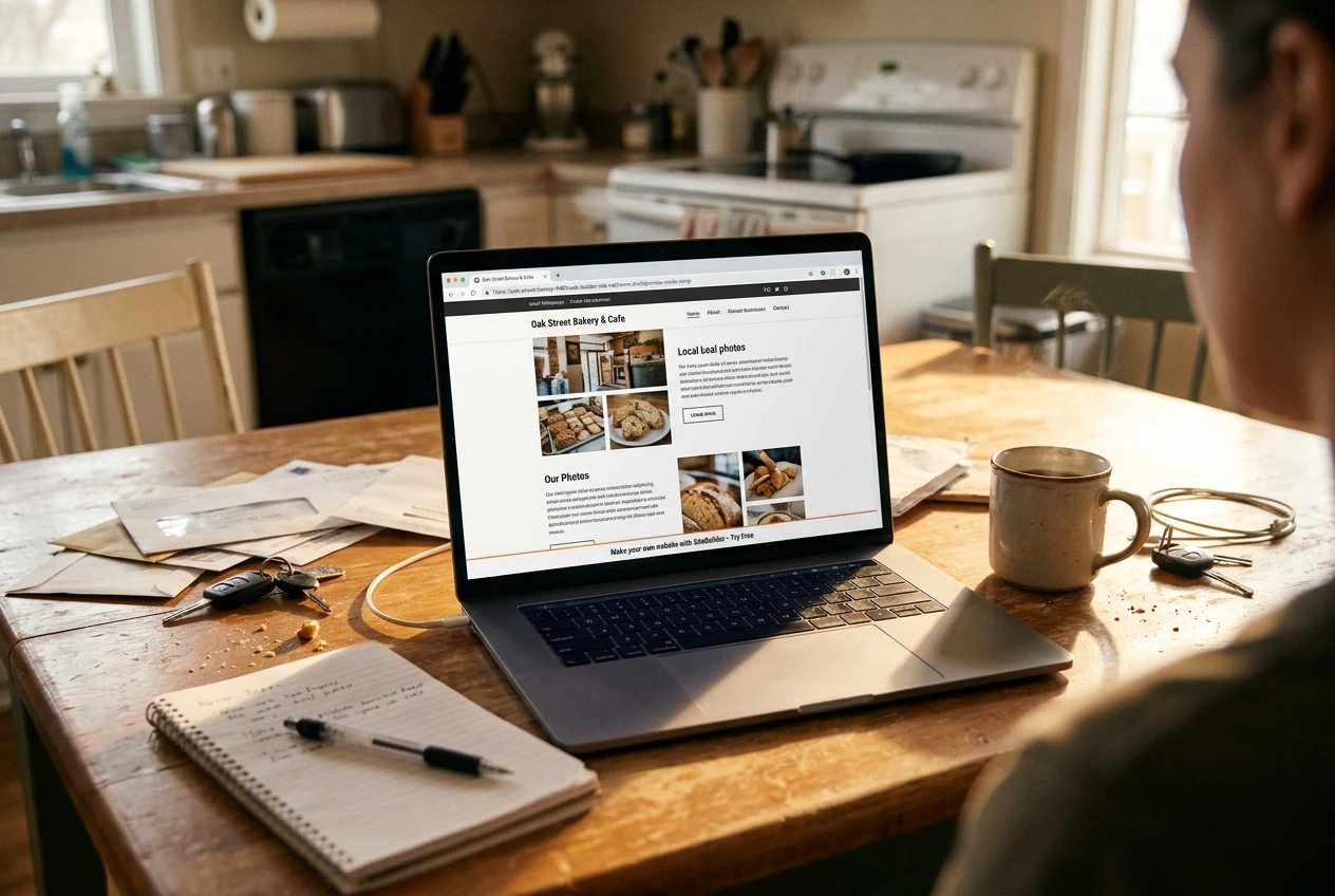 A browser window on a laptop showing a small local business homepage with a long builder-style web address in the address bar and a small banner strip at the bottom of the page, set on