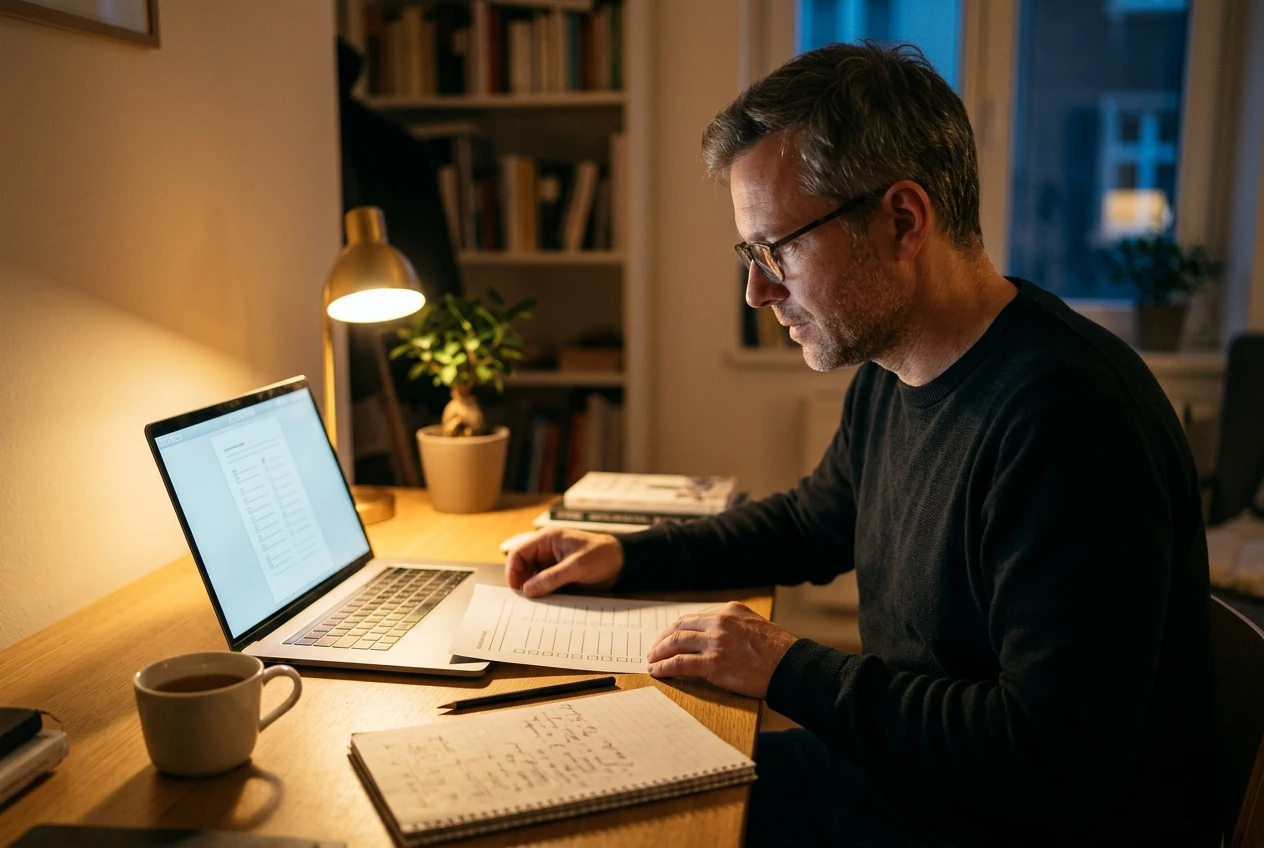 A man in his mid-40s at a tidy home desk in the evening lamplight, laptop open to a clean one-page checklist design, a printed copy of the checklist and a pencil beside a notebook with handwritten notes, a mug of tea nearby.