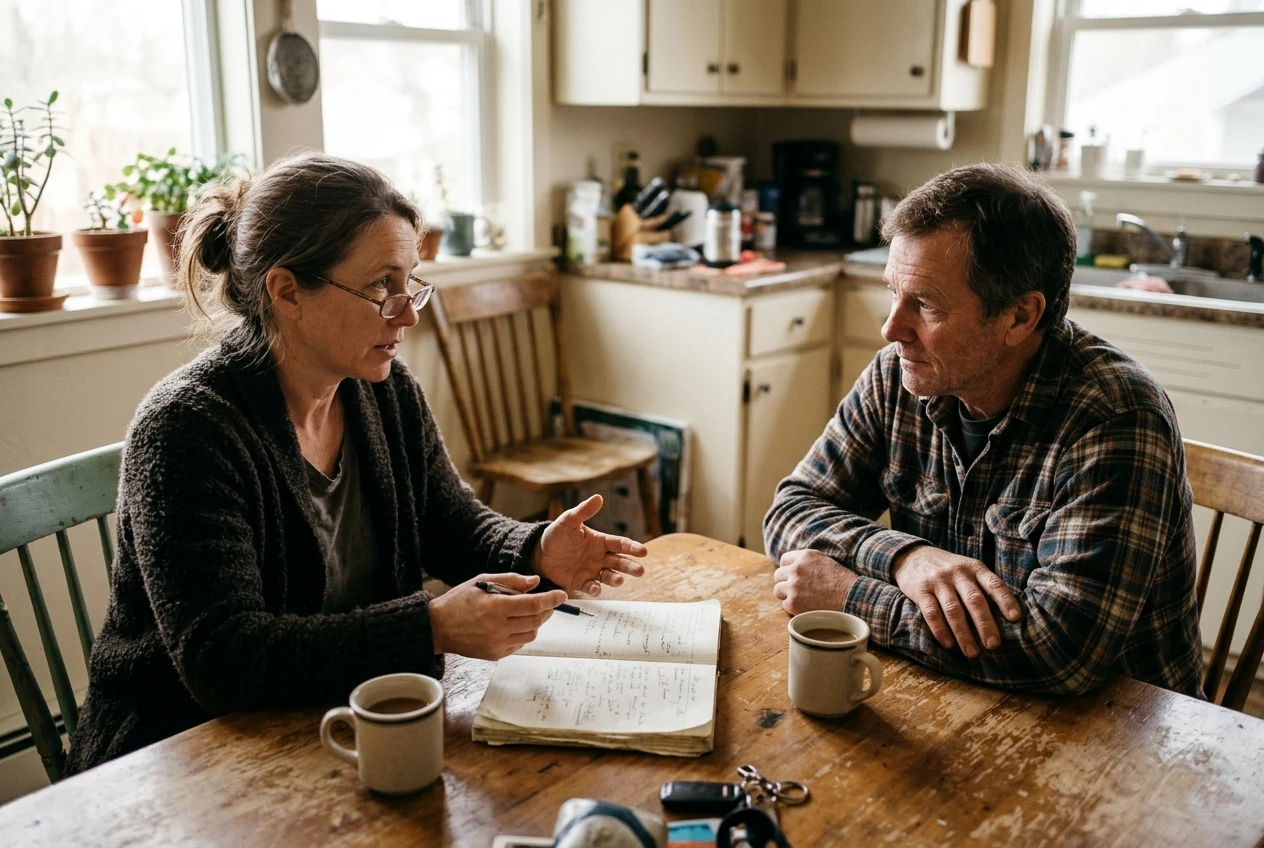 A middle-aged woman in her late 40s with reading glasses sits at a kitchen table across from a local shop owner, a notebook and two mugs of coffee between them, as she explains an idea and points at her handwritten notes in soft morning window light.