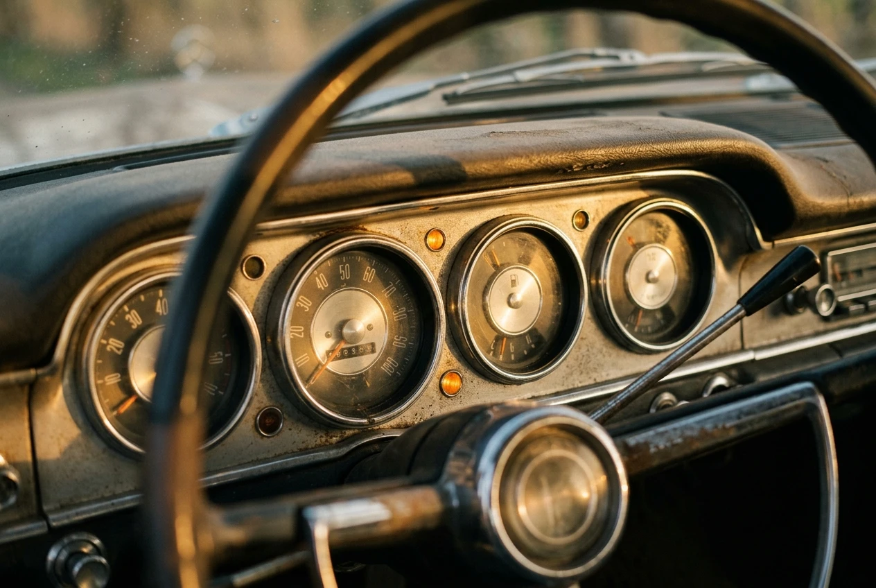 A close view of a vintage car dashboard in warm afternoon light, with the speedometer, fuel gauge, temperature dial and a couple of small amber warning lights each glowing distinctly, th
